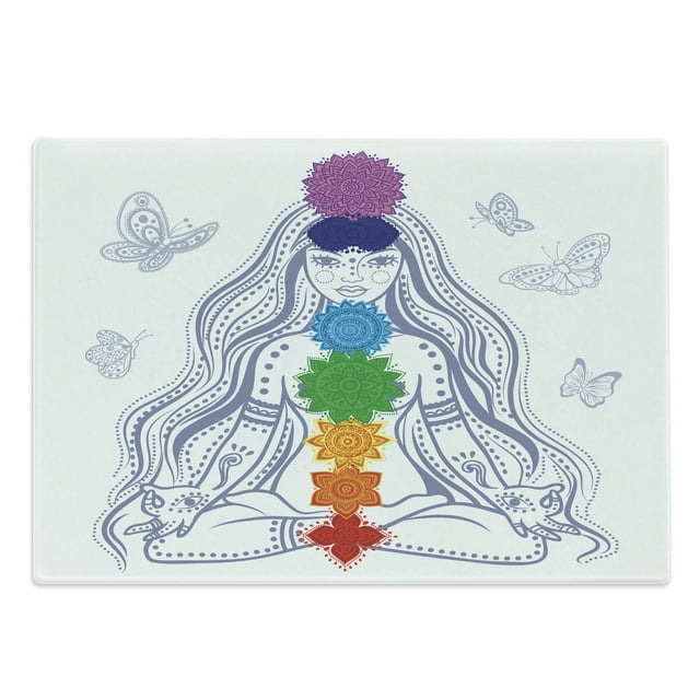 Colorful Cutting Board, Girl in Lotus Colorful Stones Yoga Relax Theme Oriental, Decorative Tempered Glass Cutting and Serving Board, Large Size, Multicolor, by Ambesonne