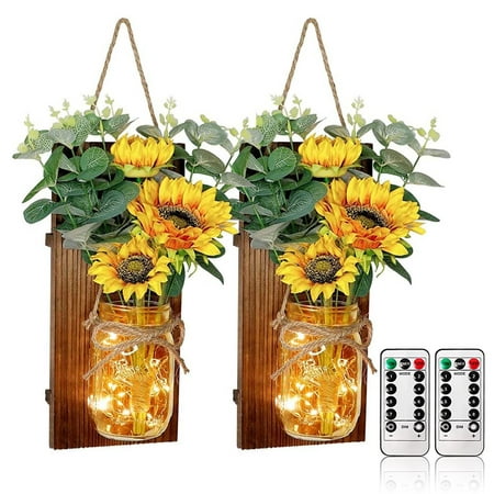 

Farmhouse Sconces Wall Decor Mason Jar LED Light Artificial Sunflower LED Fairy Lights with Remote Control for Home Living Room Bedroom Kitchen Wall Decoration (Set of 2)