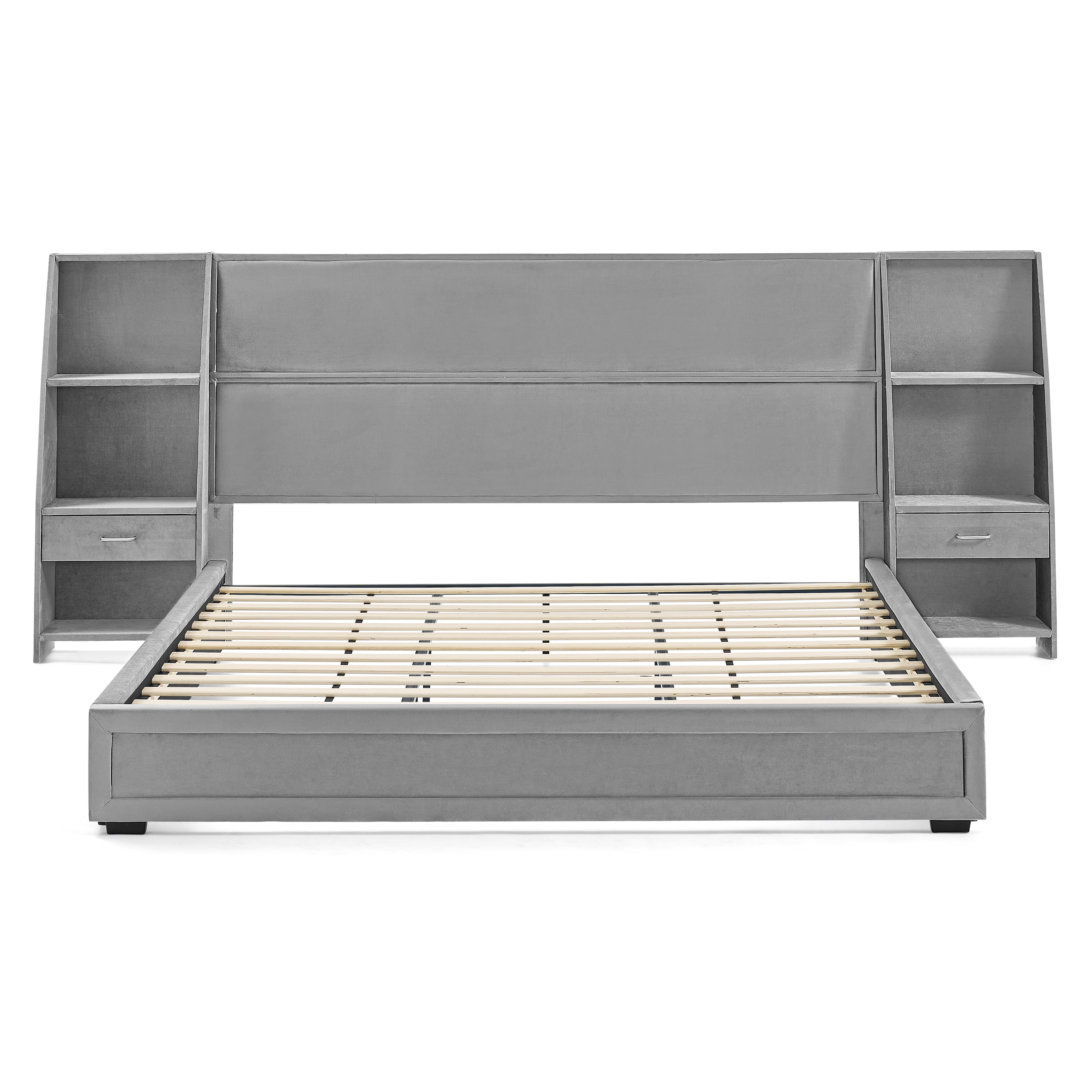 King Size Platform Bed Frame with Glossy Velvet Headboard, Side Bookcases & Drawer