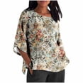 thumbnail image 2 of Jsaierl 3/4 Length Sleeve Cotton Linen Womens Tops Plus Size Crew Neck Shirts Boho Print Ladies Blouses Classic Vacation Tunic Top S-5XL, 2 of 5