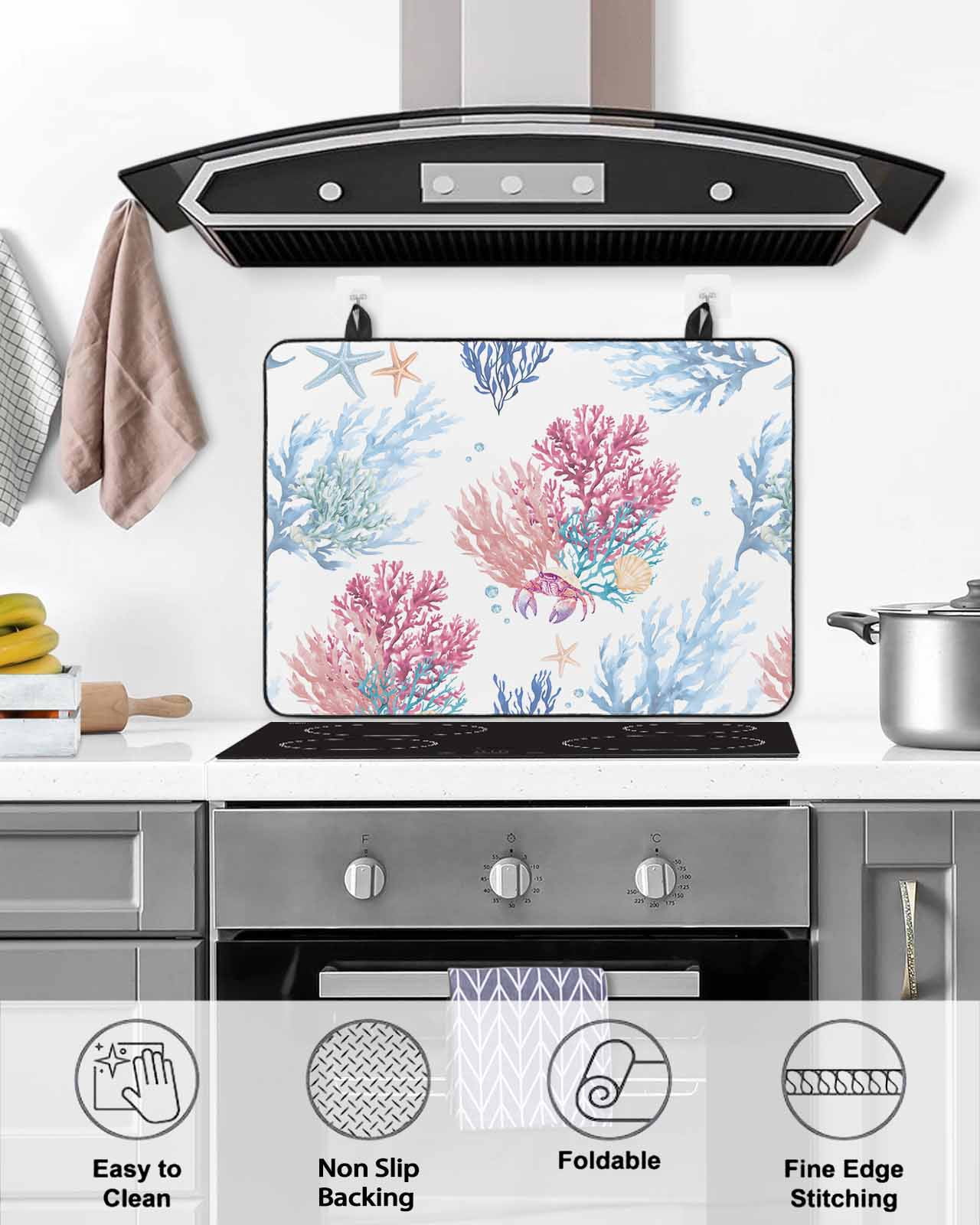 nqOlkjepod Large Induction Cooktop Protector Mat 24"x21", Pink Blue Coastal Stove Top Covers for Electric Stove, Ocean Coral Summer Beach Nautical Stove Burner Cover Mats, Glass Top Stove Cover