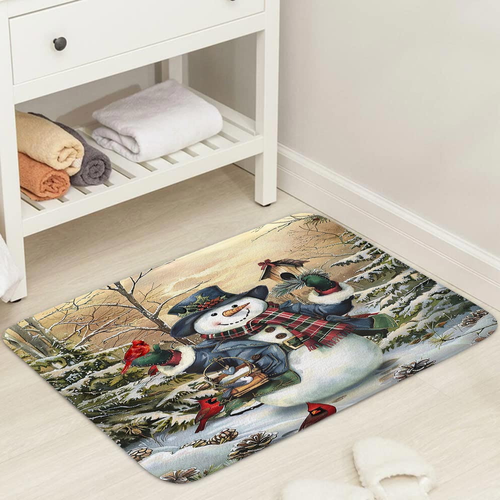 Retro Winter Christmas Snowman Bath Mat, Vintage Cute Xmas Snowman Holiday Rustic Winter Forest Farmhouse Bath Rug for Bathroom, Christmas Bath Mat Soft Non Slip Bath Rugs, 16X24IN