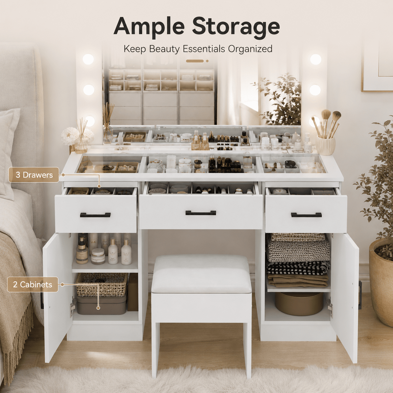 Ktaxon Large Makeup Vanity, Get Ready with Me GRWM Vanity Table Set w/ Visible Glass Top w/ Charging Station,White