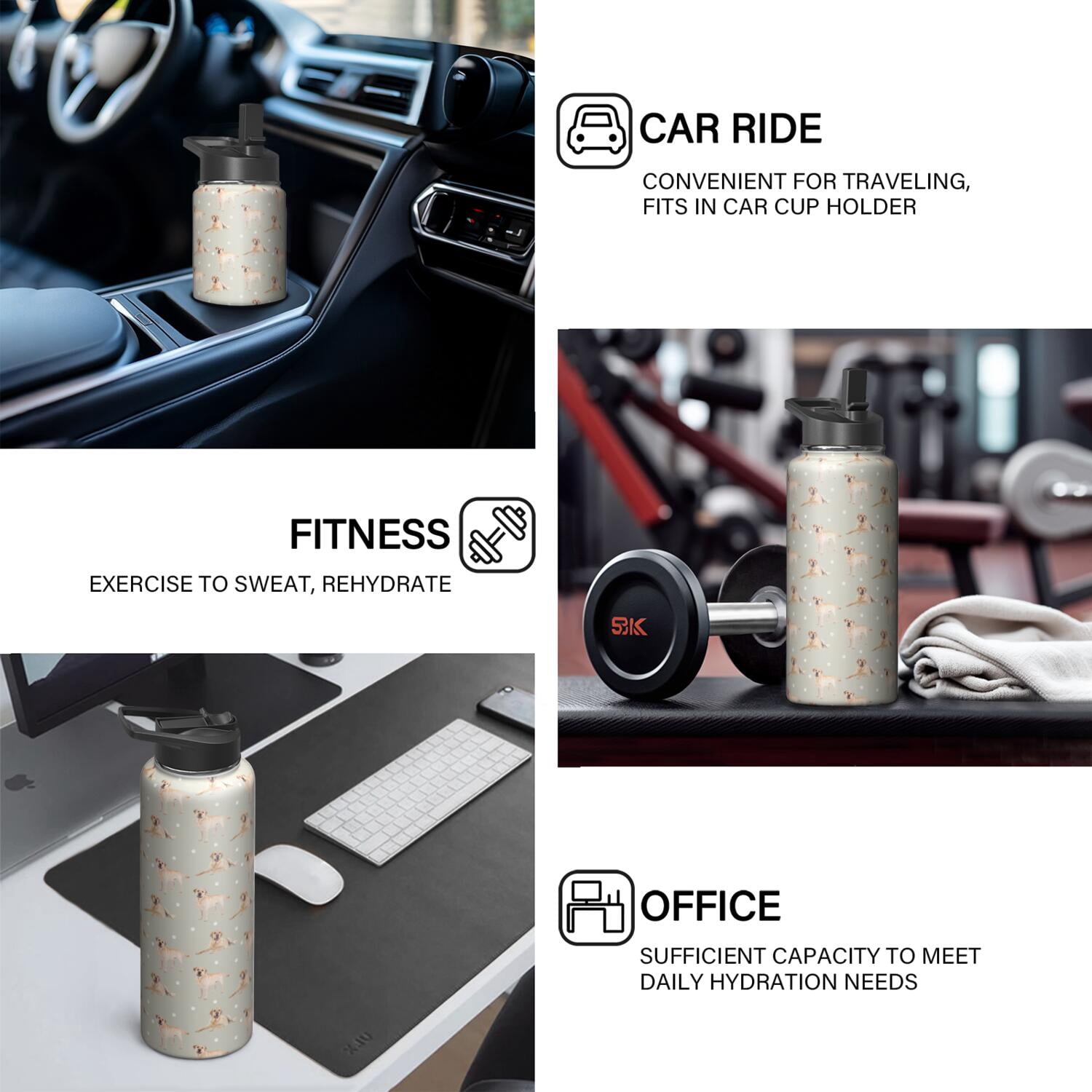 Funny Canine Pattern Stainless Steel Water Bottle - Double Walled Insulation with 360° Seal Ring & Wide Mouth Design (BPA/Odor Free for Sports & Travel)