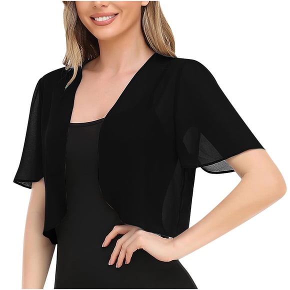 yoeyez Cropped Cardigan for Women Summer Ladies Solid Color Chiffon Bolero Shrug Short Sleeve Cardigans for Evening Dress Beach Cover Up Black,2XL
