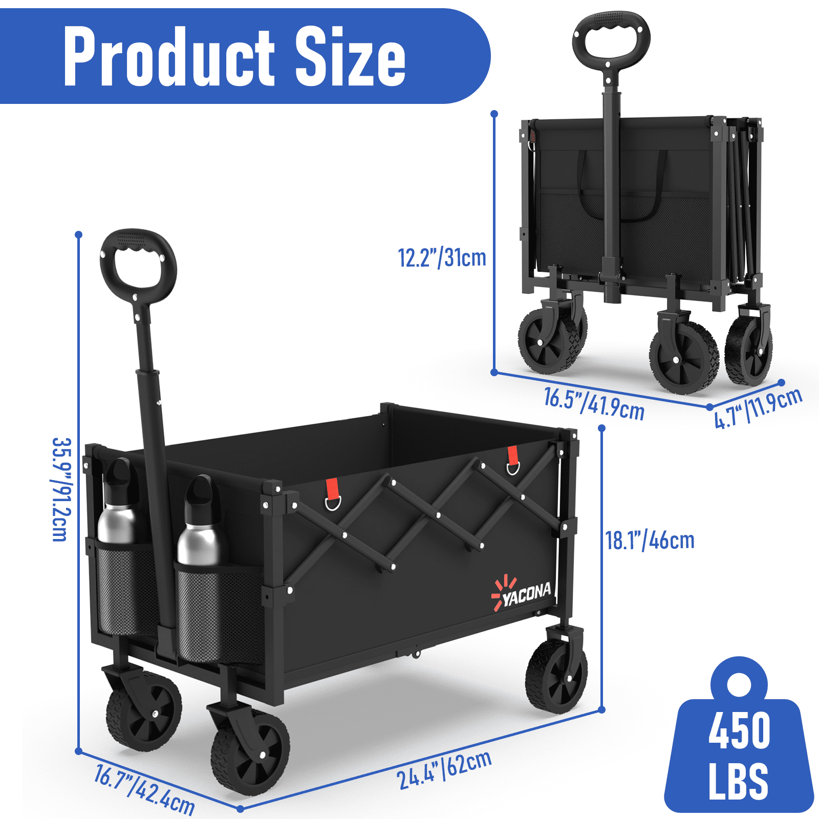 Yacona Wagons Carts Foldable, 450 lb Capacity Folding Wagon Cart with Wheels for Camping, Garden, Shopping, Black