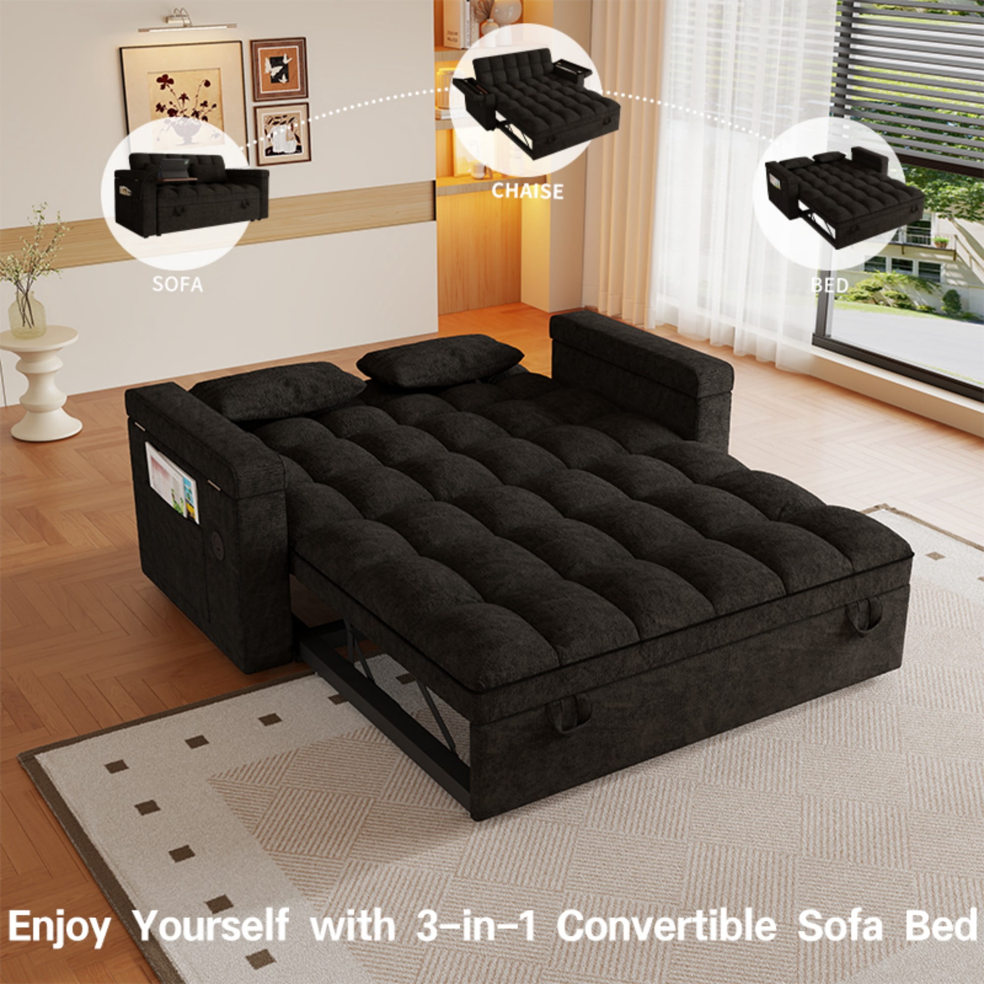 DEALTOPS 65" Chenille 3-in-1 Pull Out Sleeper Sofa Bed, Loveseat Couch with Tray Table & USB, Black