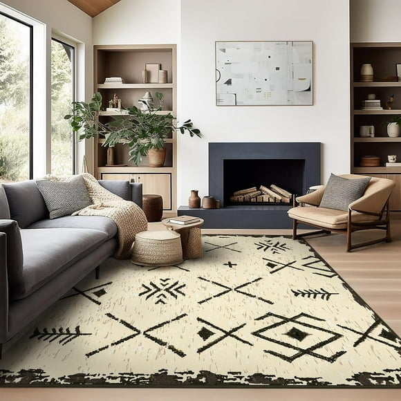 Area Vintage Boho Rugs for Living Room, Machine Washable Area Rugs with Non-Slip Backing, Indoor Rug Vintage Bohemian Area Rug Home Decor, Room Decor, 5 x 7 ft, Beige, 1 Pack