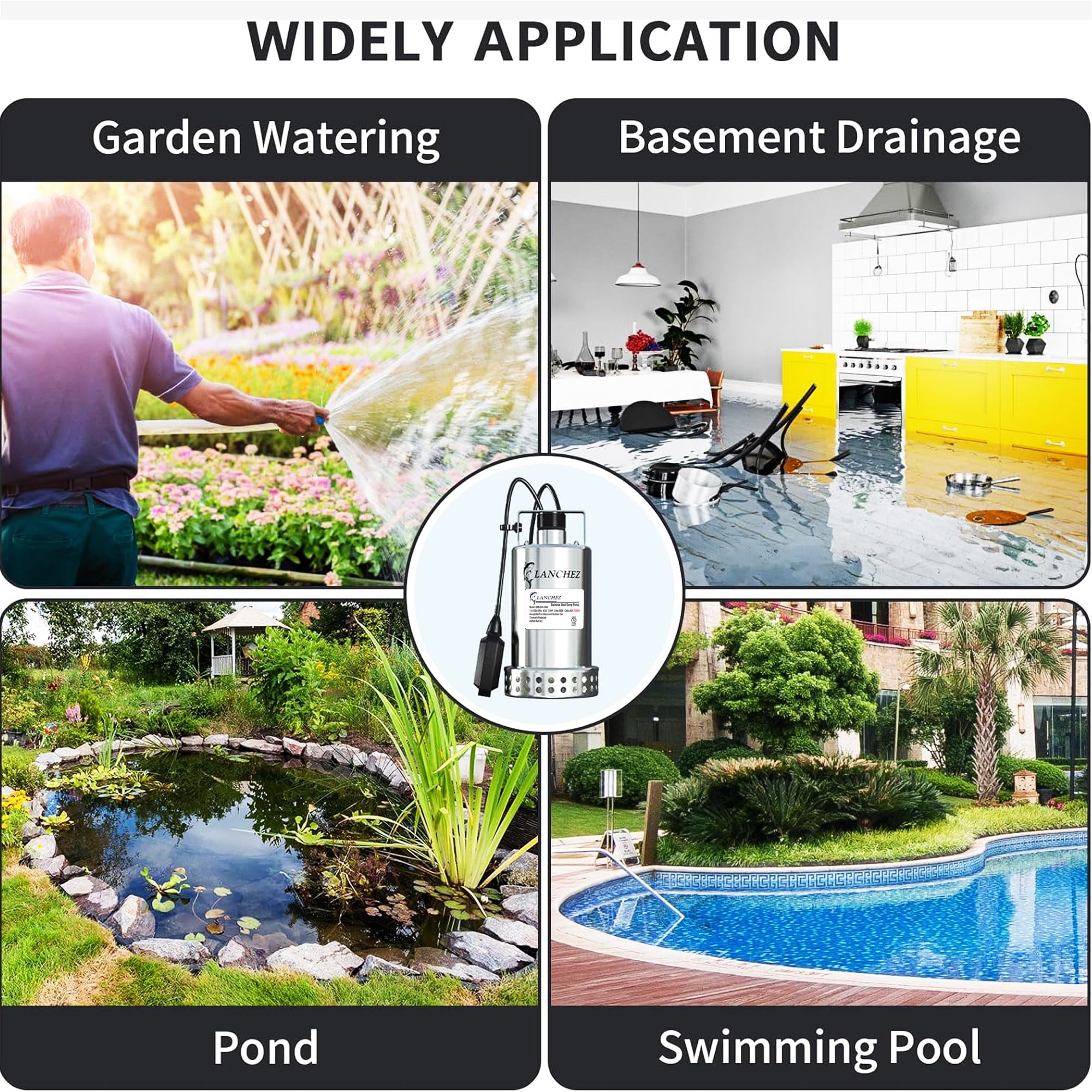 Lanchez 1.6HP Submersible Pump - 5500GPH Stainless Steel Sump Pump With Float Switch