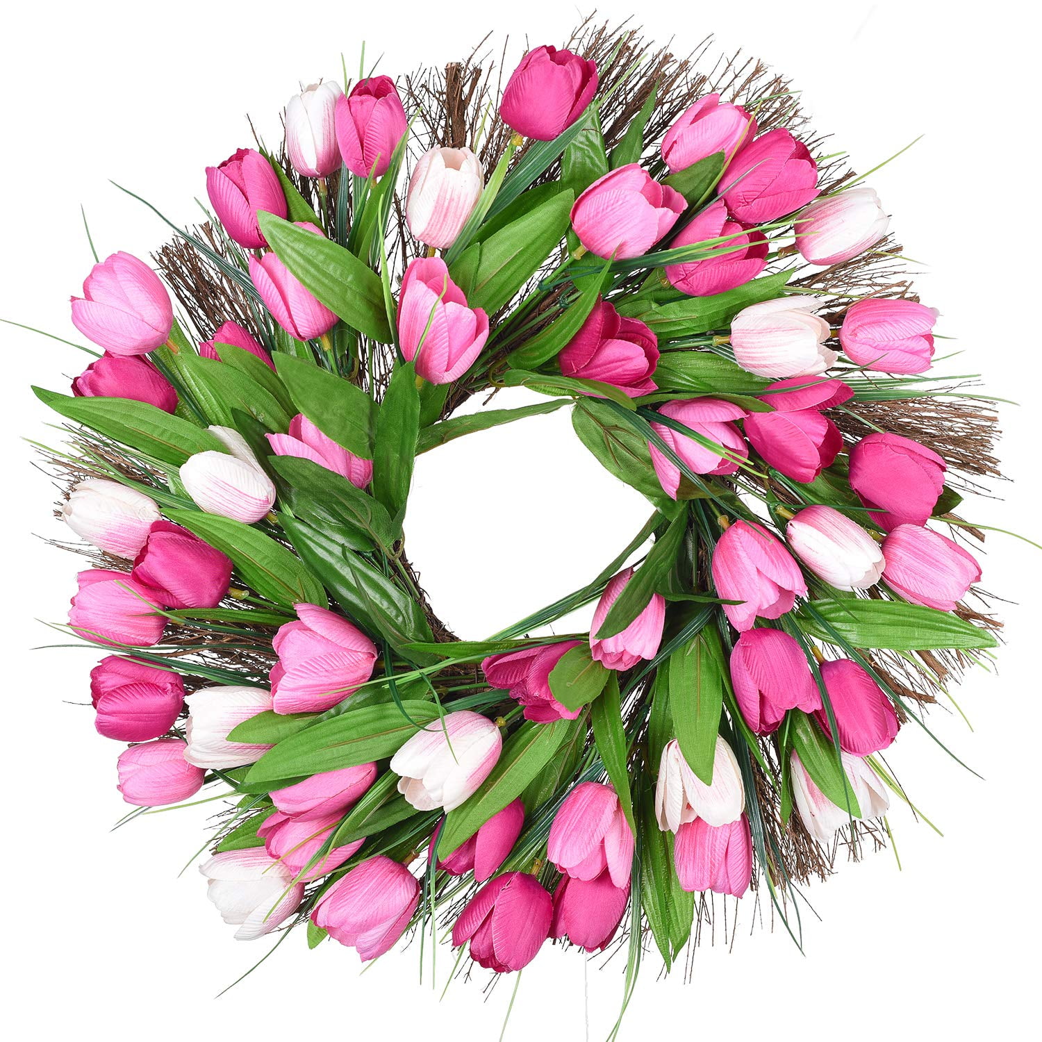 ACJRYO 18 Inch Artificial Tulip Wreath for Front Door Fake Spring Silk Flower Wreath with Green Leaves Silk Tulip Flower Wreaths for Home Wall Wedding Office Party Fistival Welcome Decor 