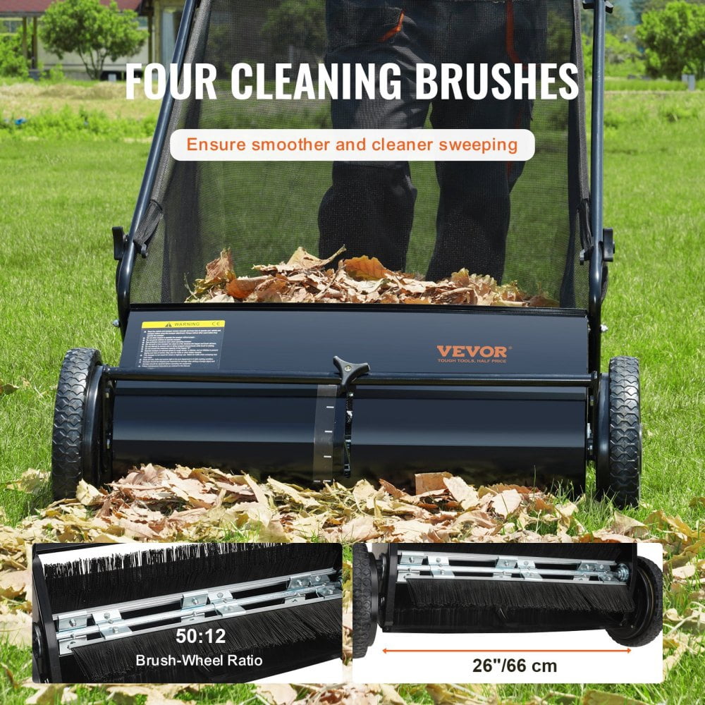 NOBOLEA 26" Push Lawn Sweeper, 7 Cu Ft Leaf & Grass Collector with 4 Brushes, Adjustable Height Heavy Duty Yard Sweeper for Lawn Debris Cleanup