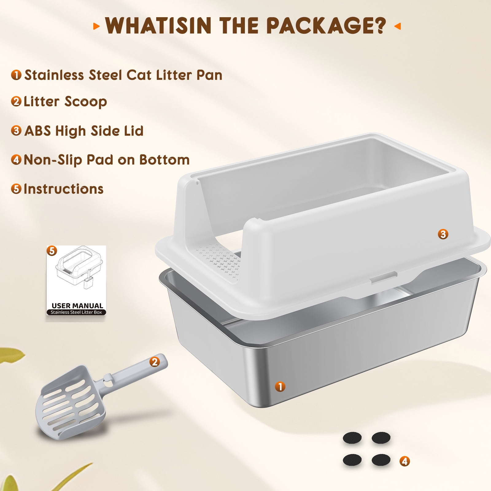 Stainless Steel Litter Box with Large Litter Mat, 23.6" High-Sided Metal Litter Pan for Multi Cats Tray with Scoop Non-Stick, Leak-Proof, Easy to Clean