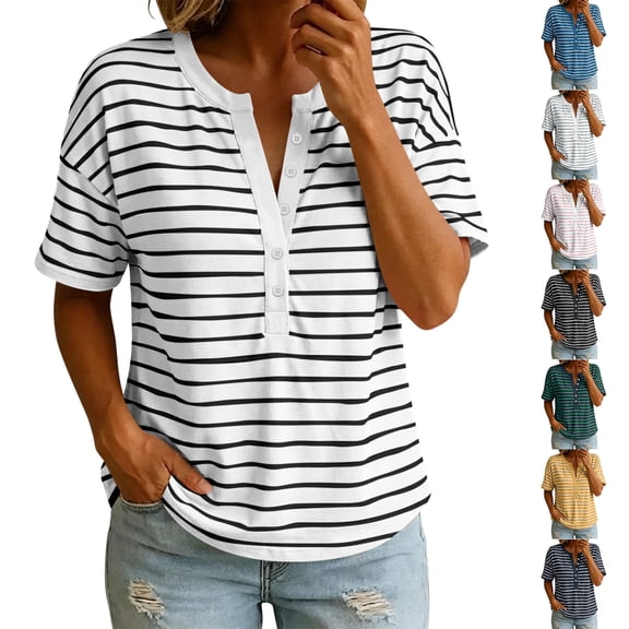 Shirts for Women Summer Striped V-Neck Button Loose Casual Short Sleeve Tee