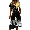 thumbnail image 4 of Women's Halloween Dresses Pumpkin Bat V Neck Horror Midi Dresses Witch Hat Castle Short Sleeve Spooky Causal Dresses, 2XL, 4 of 5