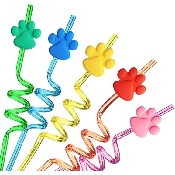 AFZMON 24 Paw Party Supplies Paw Print Straws, Colorful Fun Straws for Dog Puppy Cat Birthday Decorations Favors