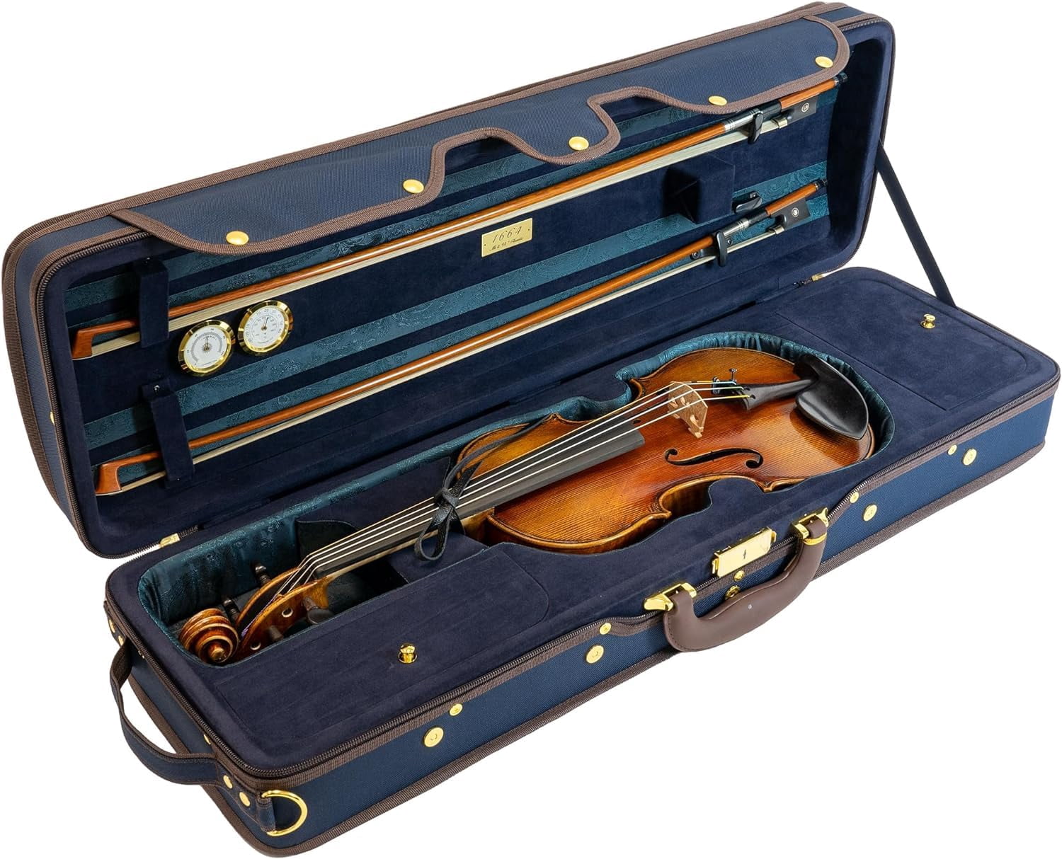 MI&VI NF-9001CC Maestro Hard-Shell Violin Case 4/4 (Full Size) Polishing Cloth Included | Luxury Silk Interior | High-Density | Adjustable Straps | Hygrometer | Thermometer (Blue / Blue)