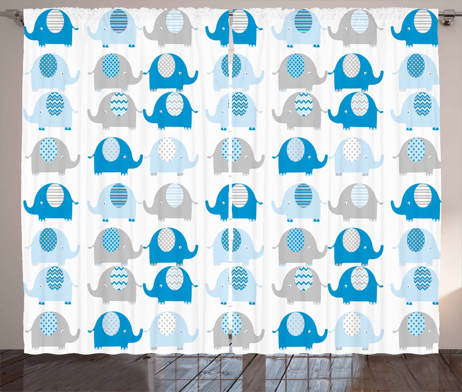 Nursery Curtains 2 Panels Set, Lovable Elephants with Abstract Designs