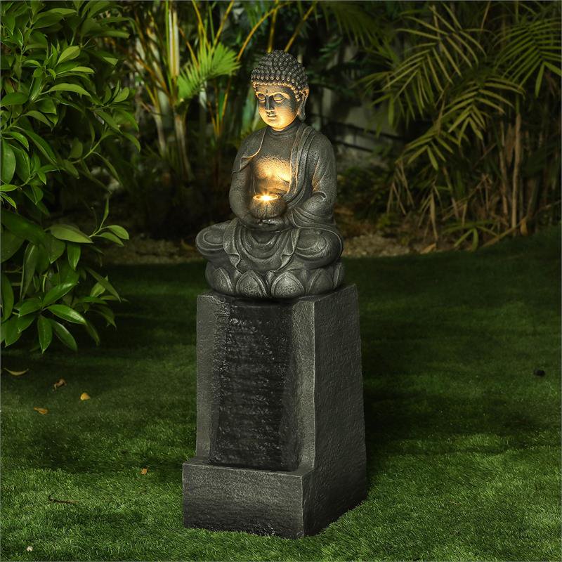 resin meditating buddha on column patio fountain with led light