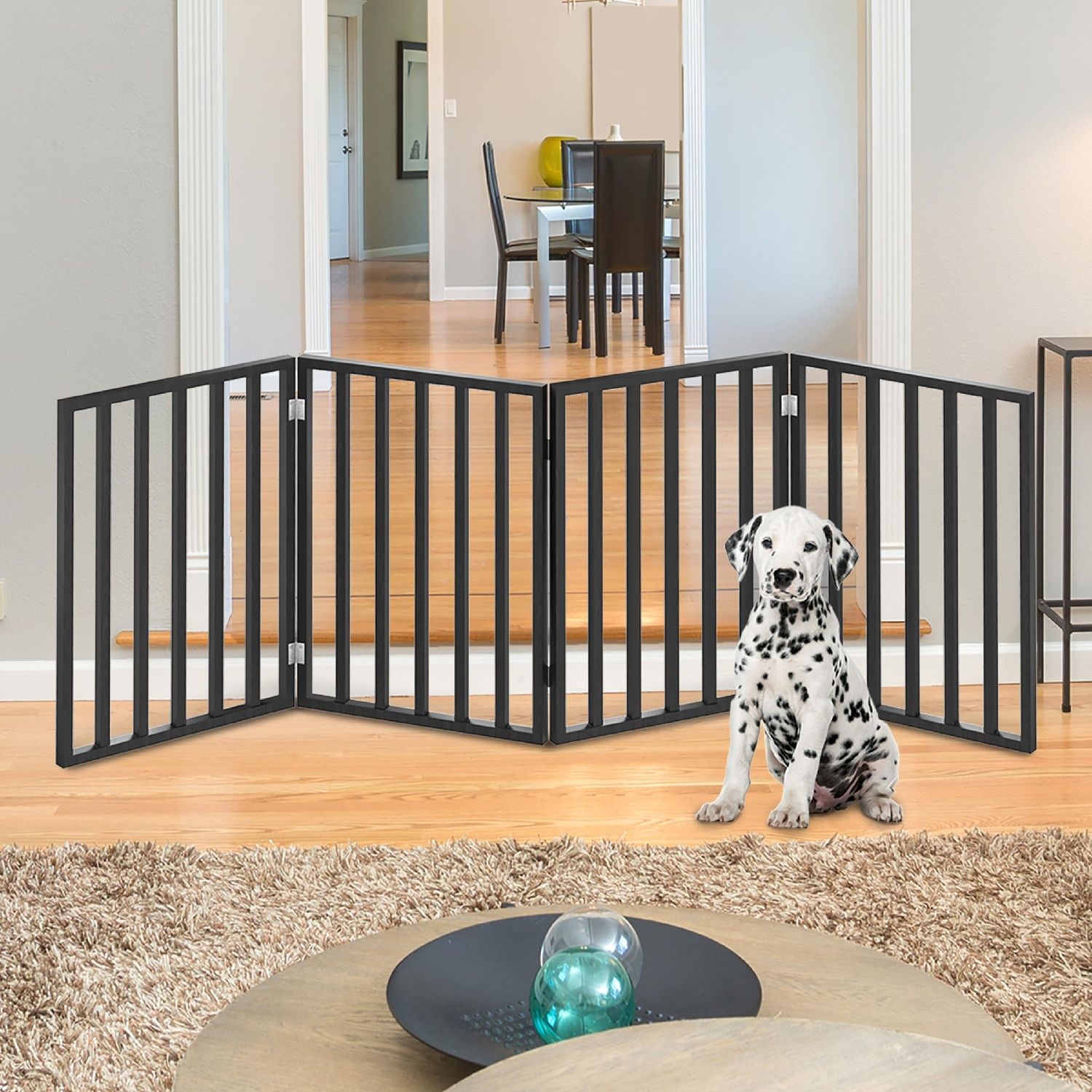 4-Panel Indoor Foldable Dog Fence for Stairs, Hallways, or Doorways - 72x24-Inch Wood Freestanding Dog Gates  (Black)