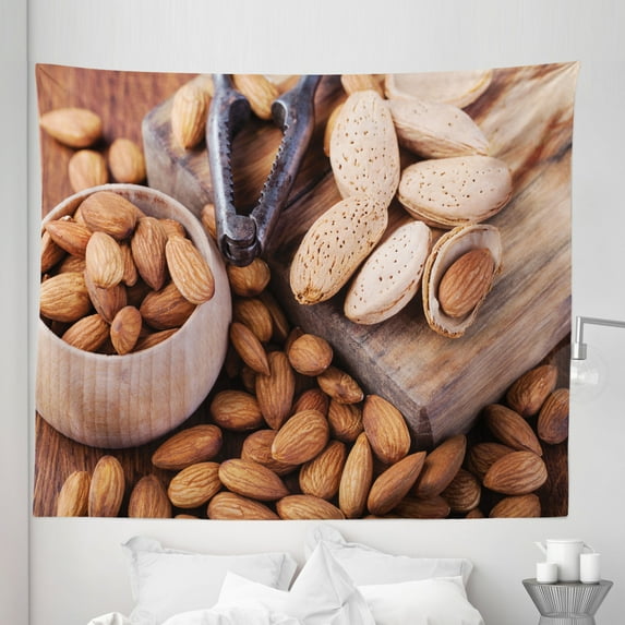 Almond Tapestry, Nuts on Wooden Table Blurry Effect Back Grunge Old Nutcracker Photo, Fabric Wall Hanging Decor for Bedroom Living Room Dorm, 5 Sizes, Ginger Beige and Dark Mauve, by Ambesonne