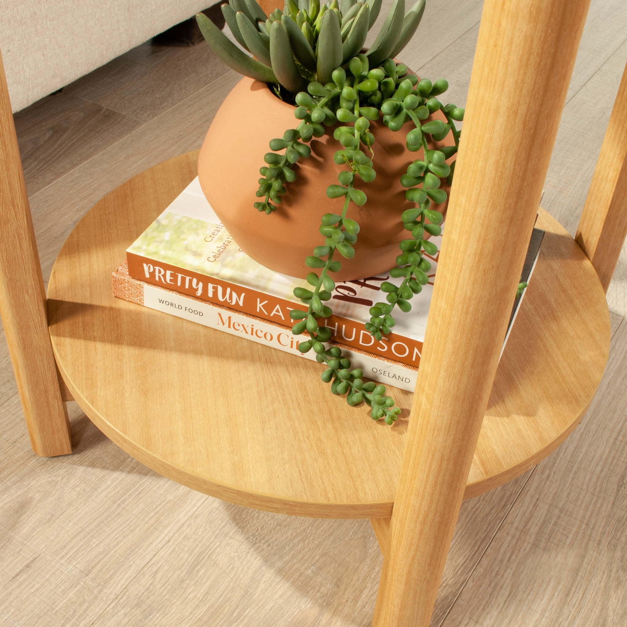 Mainstays Round Modern Dowel End Table, Natural Teak Finish