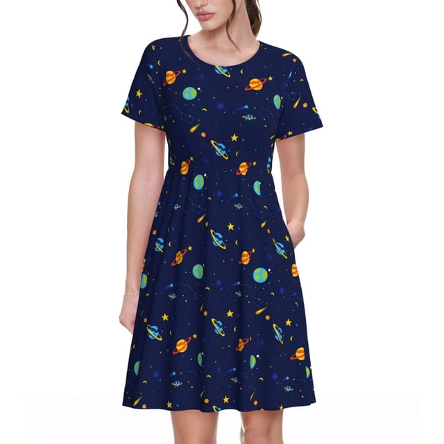 Fotbe Space Galaxy Vestido Largo de Moda para Mujer, Vestido Tipo Camiseta con Manga Corta y Estilo Casual a Rayas y Bloques de Color