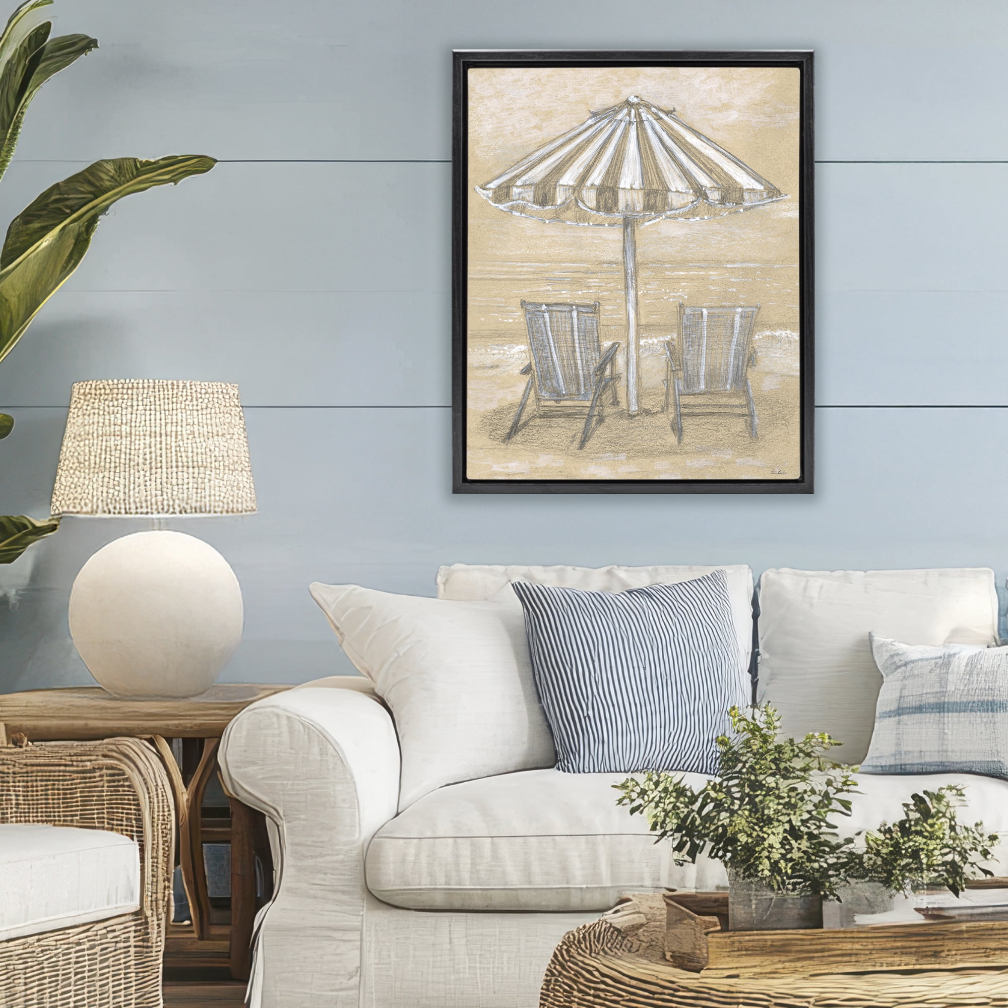 Stupell Industries Umbrella & Chairs Drawing Black Framed Floater Canvas Wall Art, design by Patti Bishop