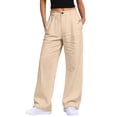 thumbnail image 2 of Favoffer Women Cotton Linen Wide Leg Pants Elastic Waist Front Button Pants Straight Tube Business Casual Slacks for Spring Daily, 2 of 8