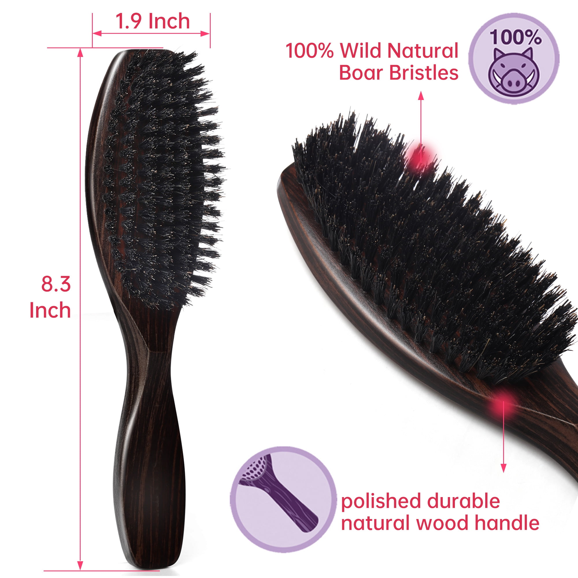 Perfehair Boar Bristle Hair Brush with Wooden Handle for Men and Women's Thin, Fine Hair, Balck