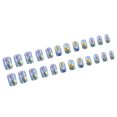 24Pcs Short Press on Nails French Square Full Covers Acrylic Nails with Floral Designs for Women and Girls