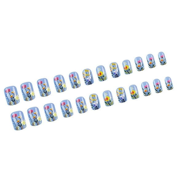 24Pcs Short Press on Nails French Square Full Covers Acrylic Nails with Floral Designs for Women and Girls