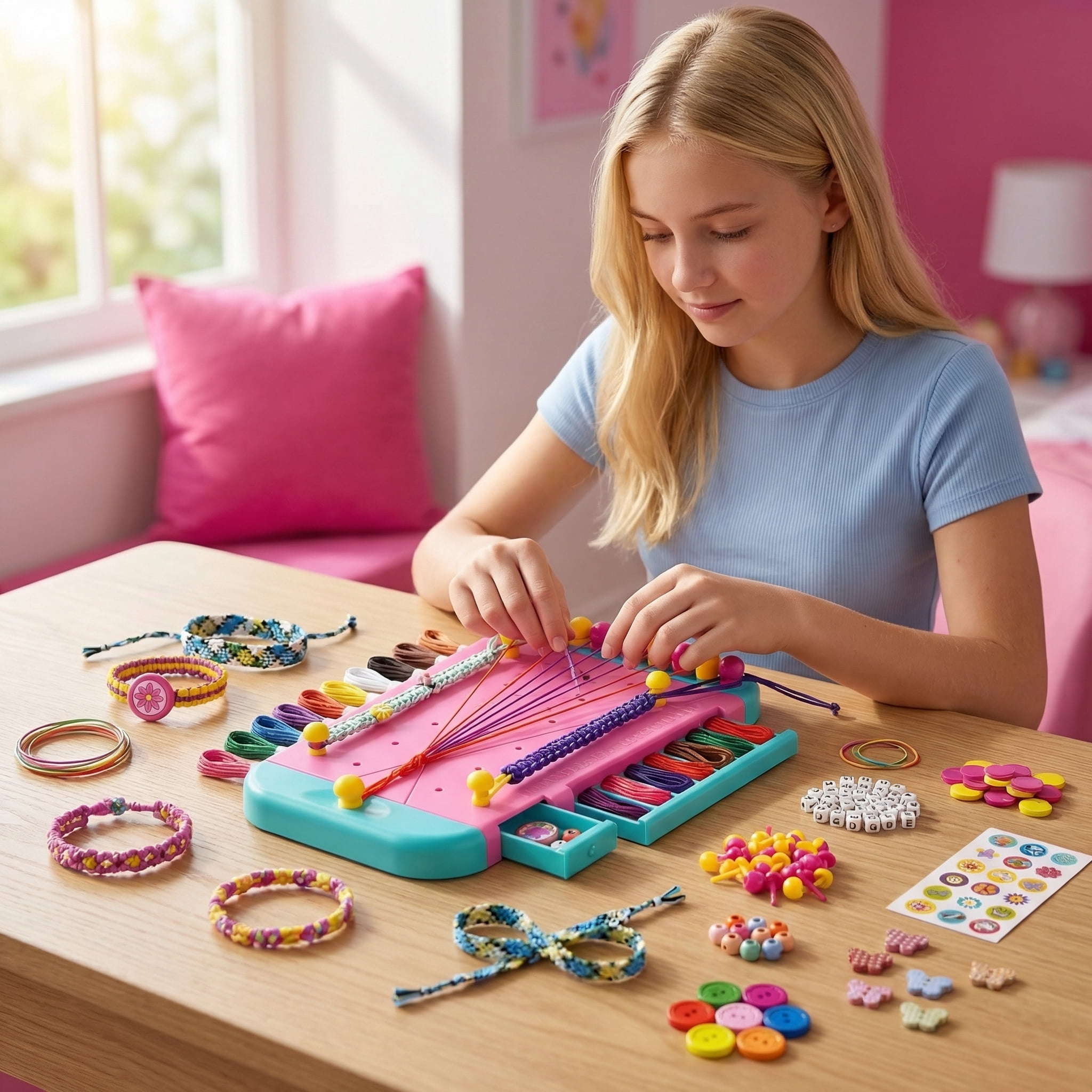 Friendship Bracelet Making Kit for Adults, DIY Jewelry Making Set with 28 Pre-Cut Threads, Letter Beads & Buttons, Portable Craft Tool Kit for Personalized Bracelets, Creative Gift for Ages 16+