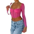 thumbnail image 2 of Coduop Women's Long Sleeve Corset Crop Tops Lace Patchwork Slim Fit Bustier T-Shirts, 2 of 6