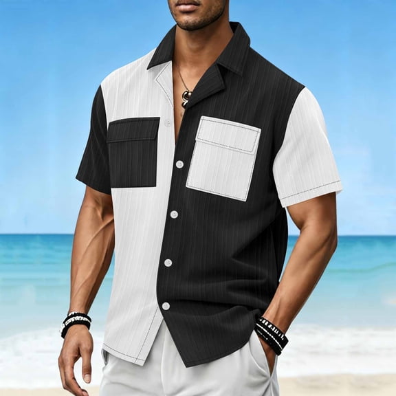 DayScoop Men Casual Shirts Summer Short Sleeve Shirt Fashion Print Turndown Collar Colorblock Pocket Button Down Loose Tops Tee