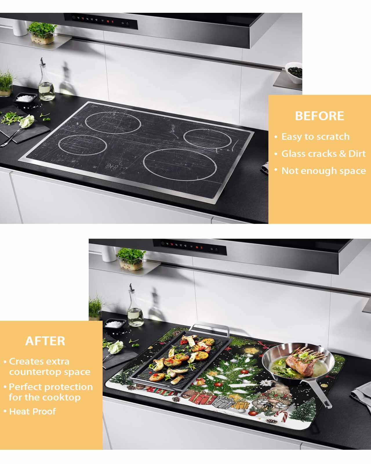 Large Induction Cooktop Protector Mat Black Christmas Stove Top Covers for Electric Stove, Gnomes Xmas Tree Snowflake Winter Gifts Decorative Stove Burner Cover Mats, Glass Top Stove Cover