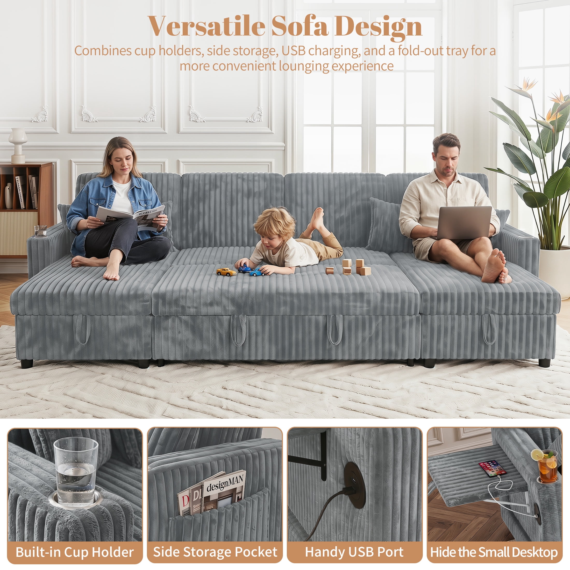 Aenkyo 110" U-Shaped Sleeper Sofa with Pull Out Bed, Storage Chaises and USB, Light Gray