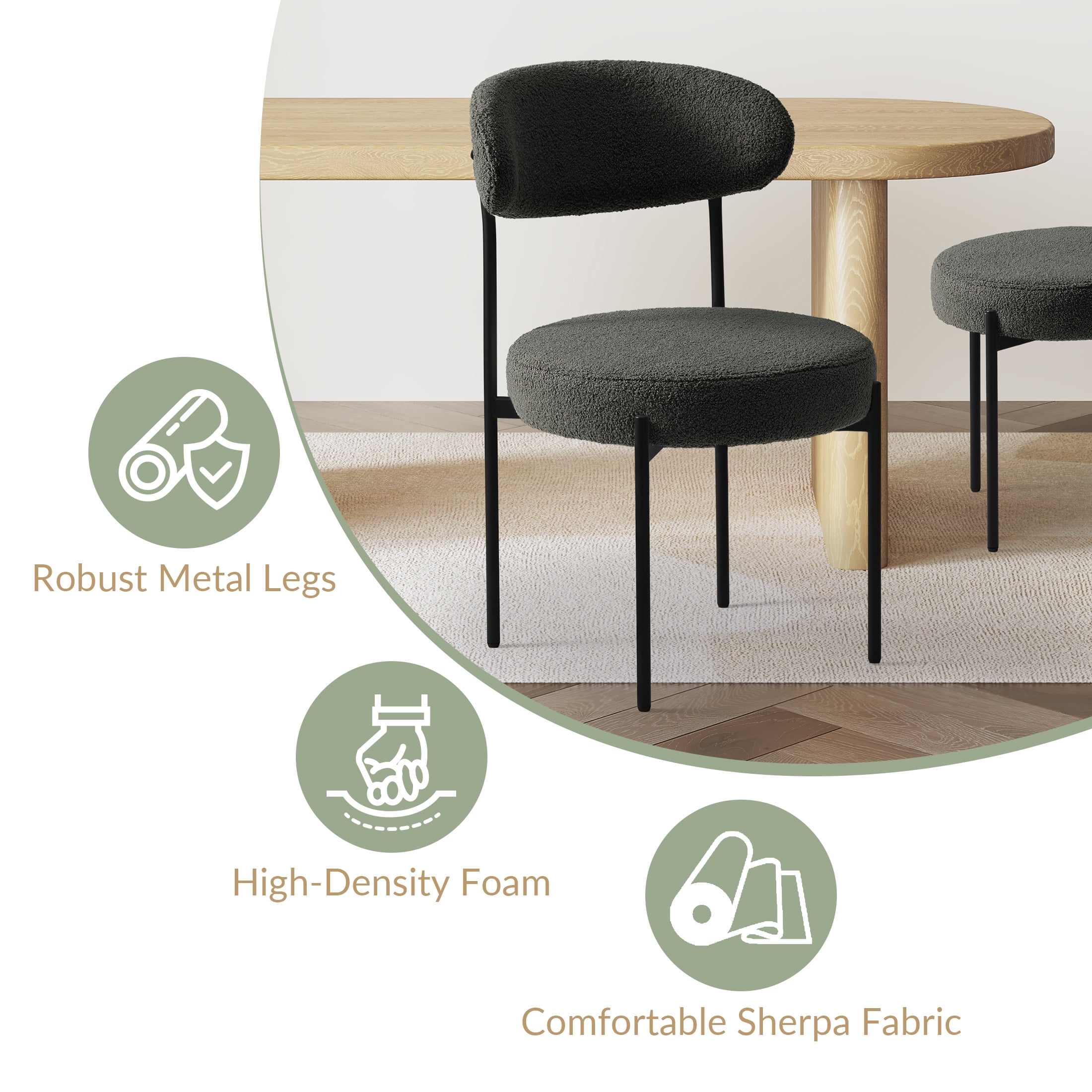 WestinTrends Alexandria Mid-Century Modern Upholstered Sherpa Round Dining Chairs (Set of 2), Charcoal Gray