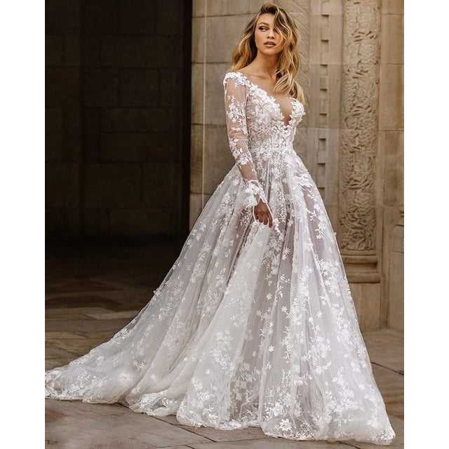 Vestido de novia de primavera y verano, vestido de noche sexy de encaje de manga larga