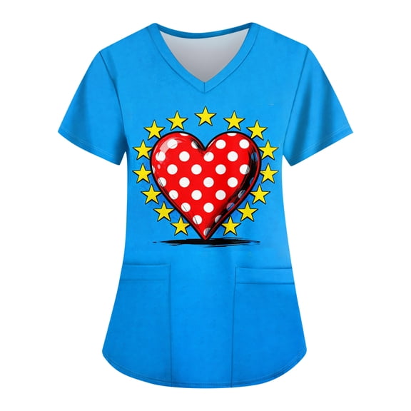 Womens Heart Printed Animals Nurse Uniforms Scrub Tops for Women, Short Sleeve V Neck Scrub Shirt with Pockets 2025 Blue 3XL