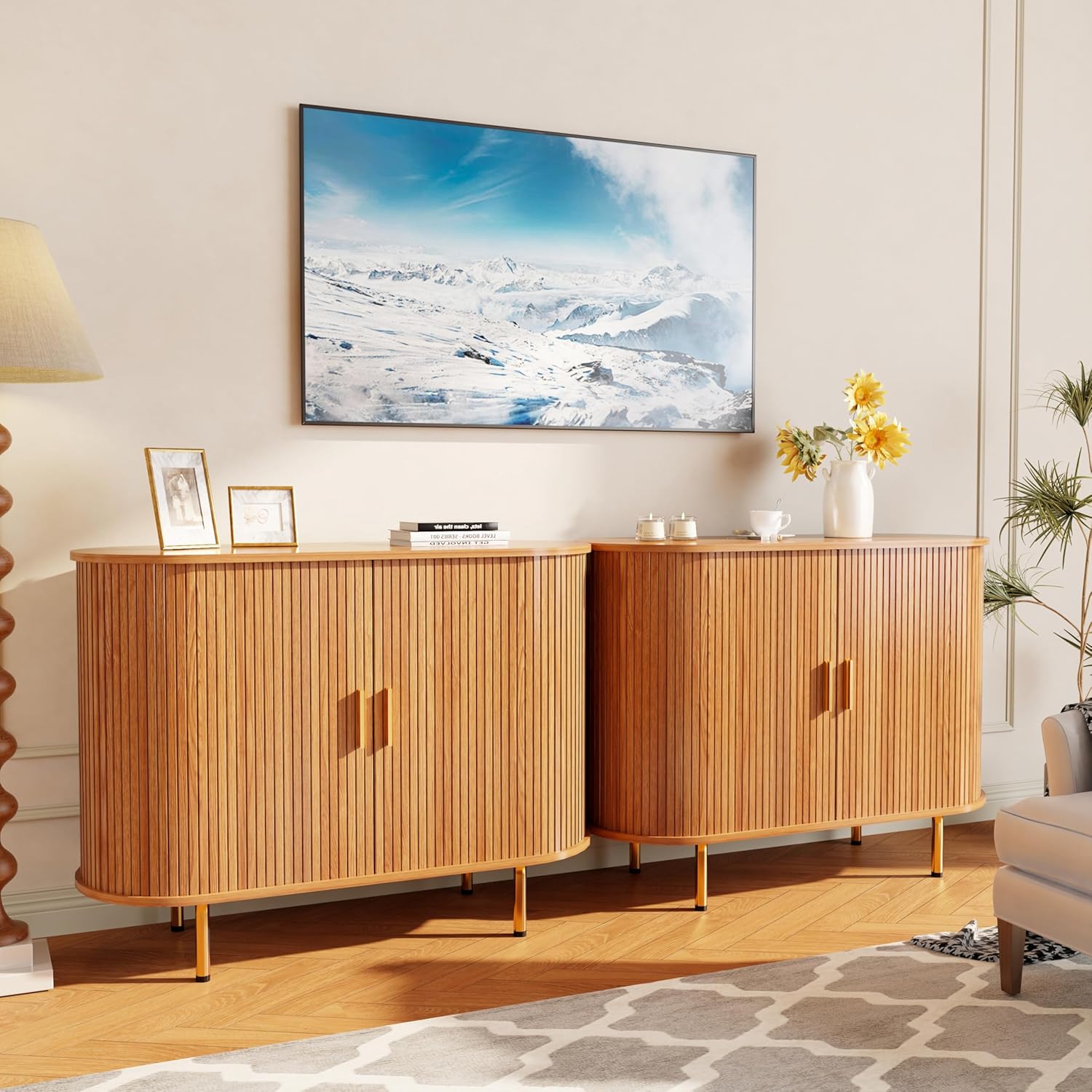 TiramisuBest Sideboard Buffet Cabinet with Storage, 40" Storage Cabinet with Fluted Tambour Sliding Doors & Adjustable Shelf for Entryway, Kitchen, Home Bar (Yellow Walnut)