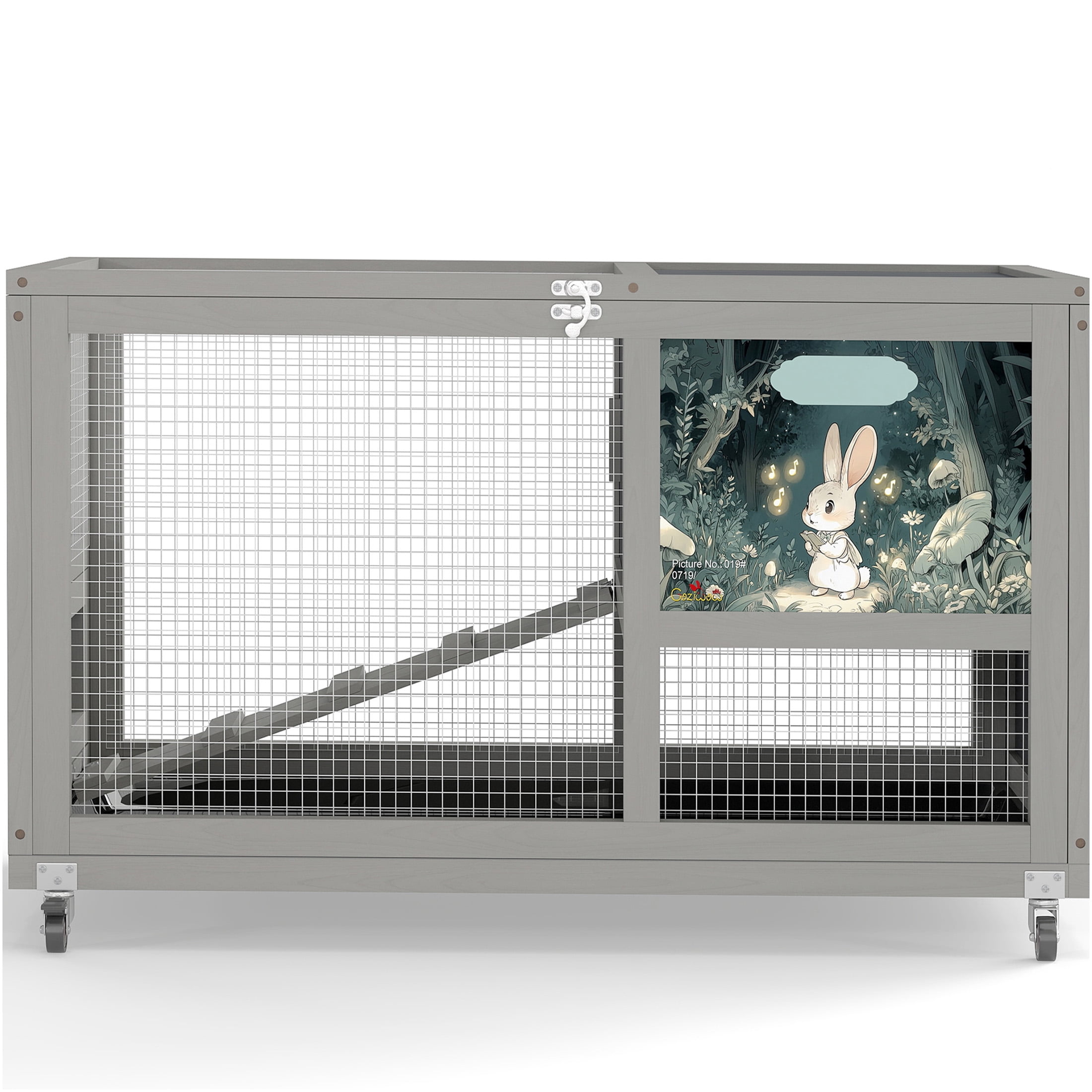 JERFIT 2-Story Rabbit Hutch with Wheels, Outdoor Indoor Wooden Bunny Cage with Removable Tray, Openable Roof & Ramp, Chew-Proof Gray Pet House for Rabbits, Guinea Pigs, Small Animals