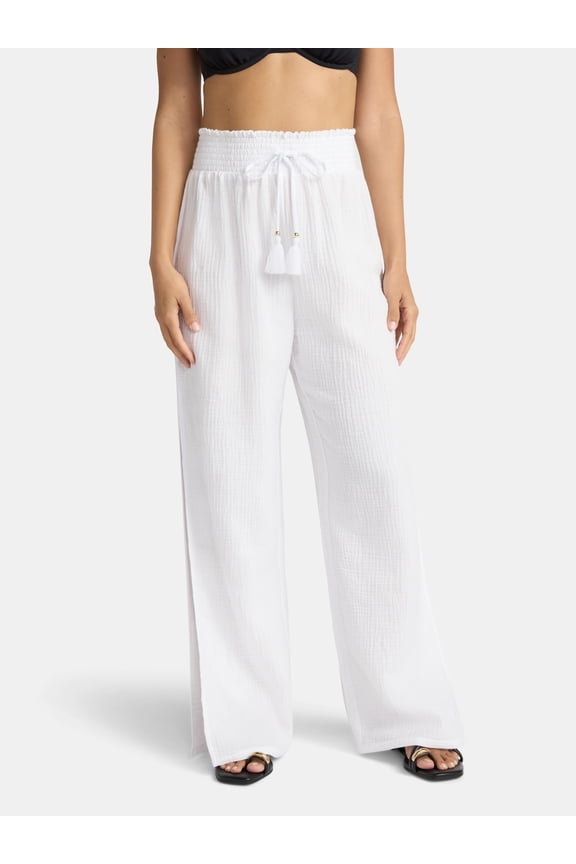 Women's Cotton Coverup Pants with Side Slits, Sizes XS-XL