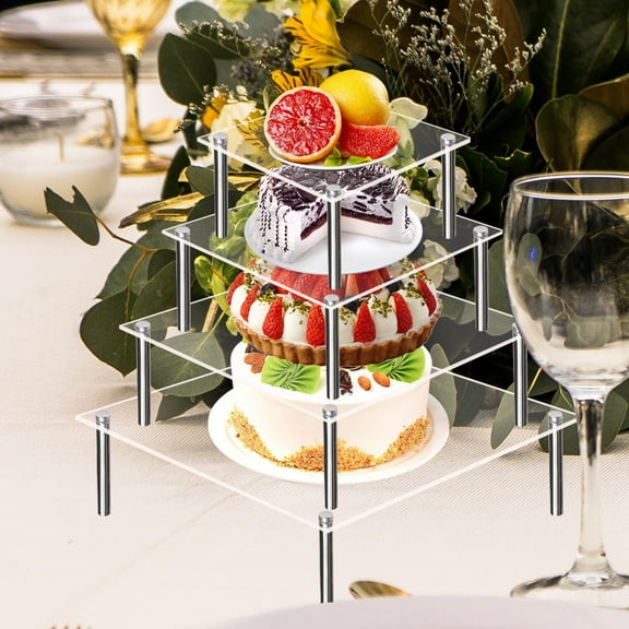 Blaxill Acrylic Square Cake Display Stand with Metal Columns | Transparent Cupcake Rack | Single Tier with Lift-Up Cover | Buffet Dessert Tabletop Holder for Parties & Events