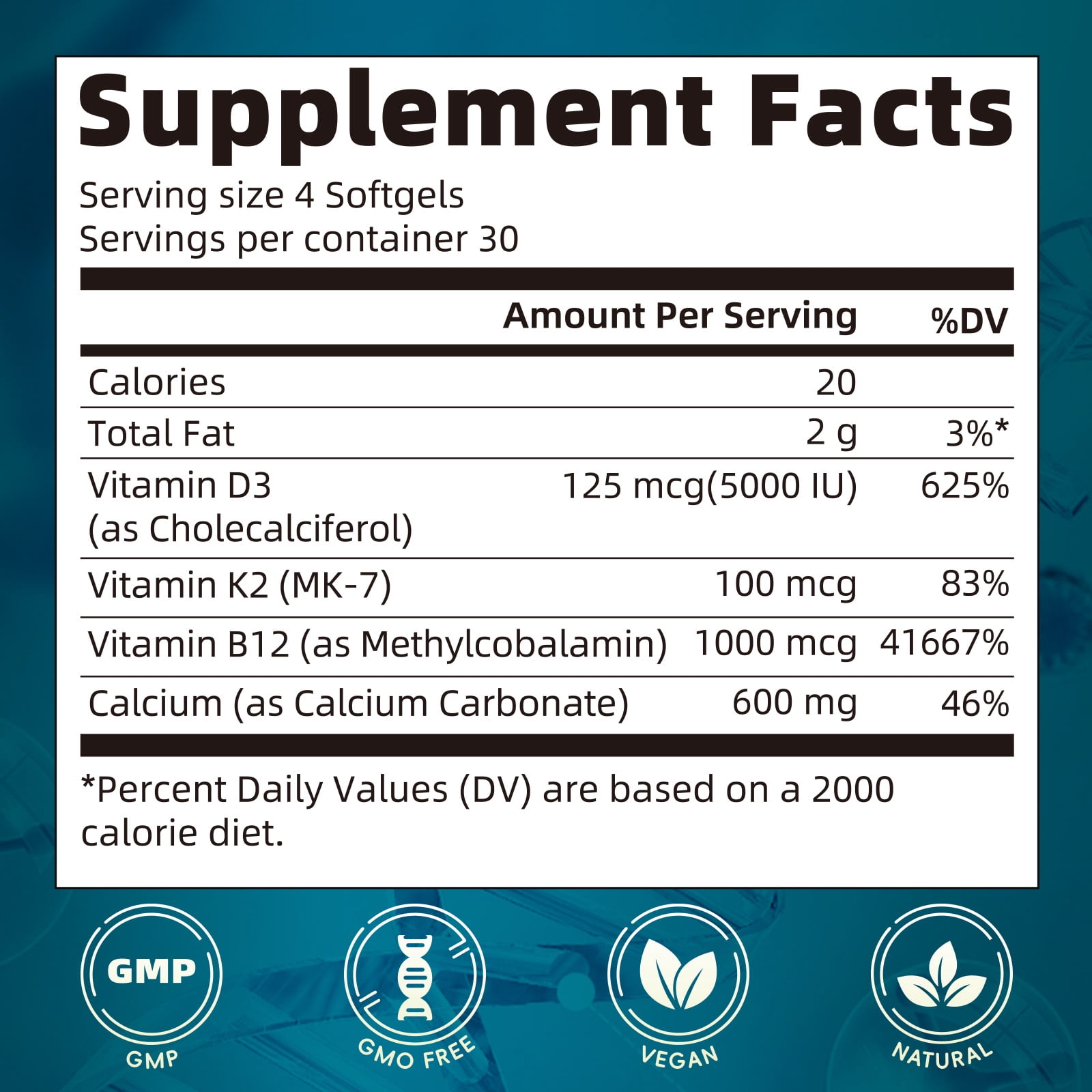 4-in-1 Calcium Complex – with Vitamin D3, K2 (MK-7) & B12 for Bone, Immune & Heart Health, 120 Softgels