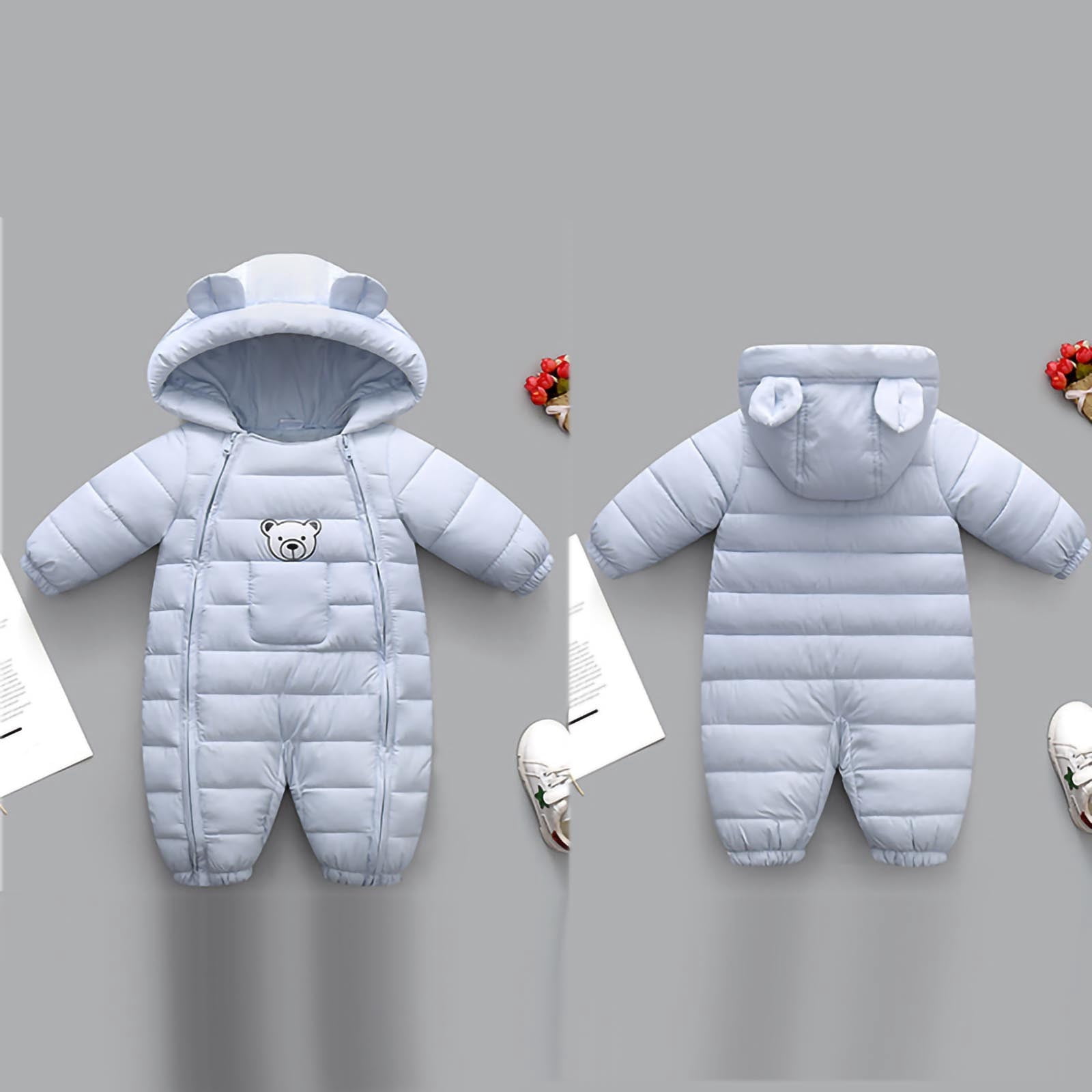 Toddler Baby Quilted Jumpsuit Winter Thermal Warm Hooded Footed One Piece Zip Up Romper Outdoor Play Daily Wear for Boy Girl 0-18 Months