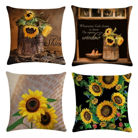 Bedroom Cushions Sale Summer Decorative Pillow Cover Linen Square Yellow Sunflower Pillow Case Cushion Cover Pillowcases for Home Living Room Bedroom Garden Decor, 18in * 18in ()