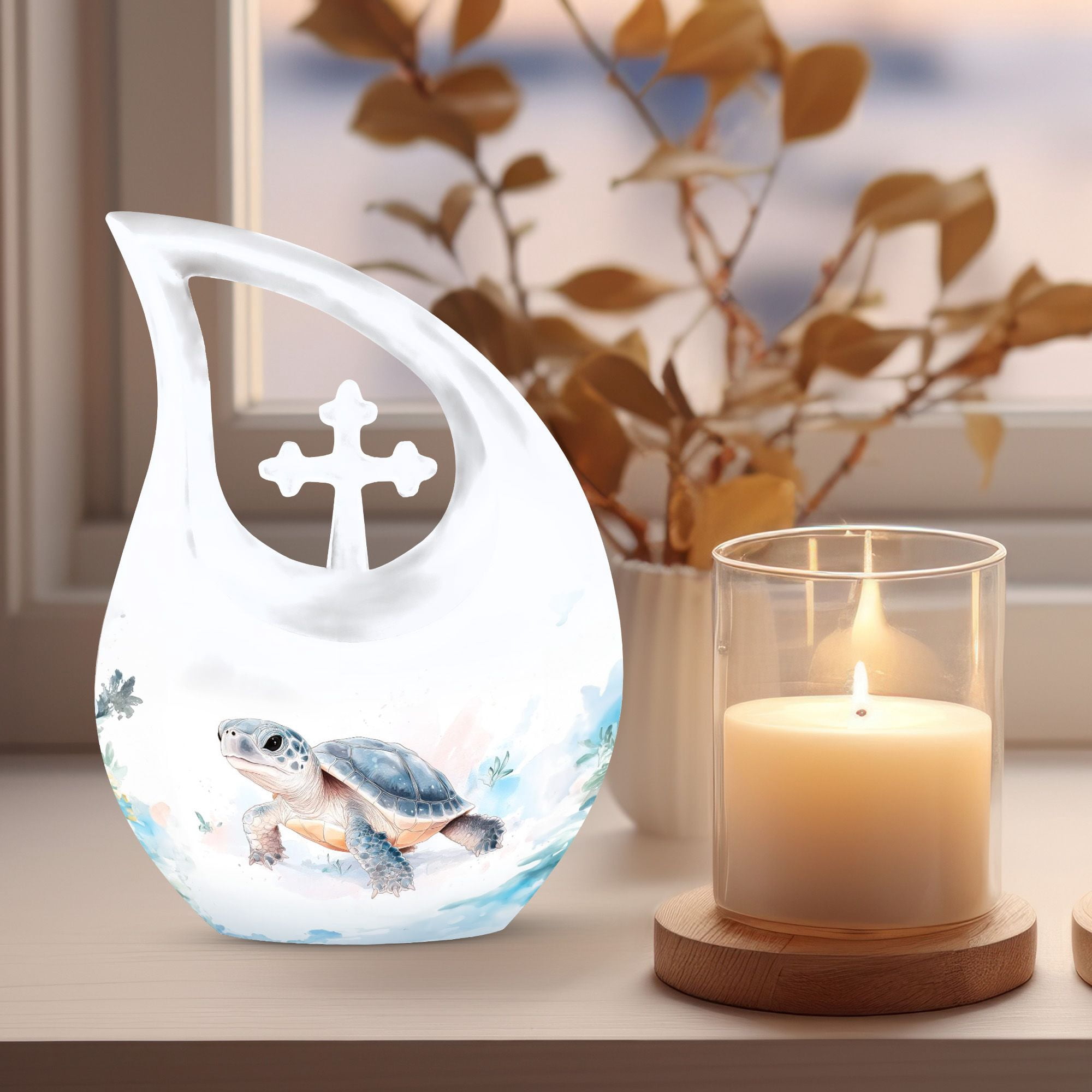 MUKTIVE Tortoise Memorial Large Urns for Human Ashes - Tear Drop Urns for Human Ashes - Large Adult Cremation Urn - White Funeral Decorative for Female & Male - 10 Inch