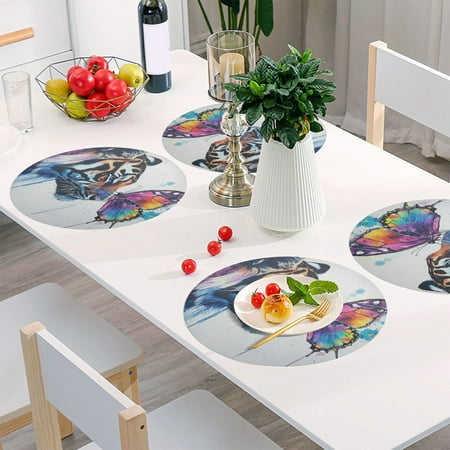 

Round Grid Placemat One Sizex4 Round Placemat PVC Plate Mat，15.4 Inch Non-Slip and Heat Resistant Table Placemat Dining Room Placemat Colorful Tiger and Butterflies