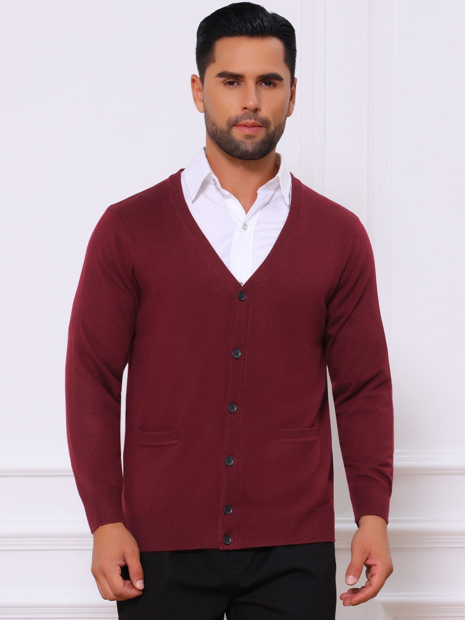 DARING DIVA Men's V Neck Long Sleeved Button Down Knit Sweater with Pockets L Burgundy