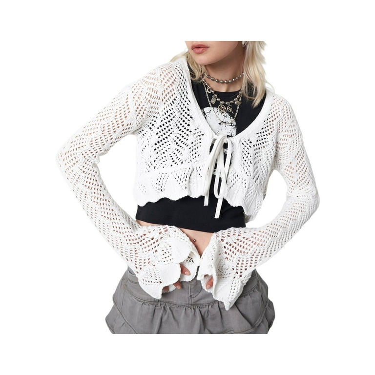 Karuedoo Women Casual Knitted Sweater Cardigan V Neck Front Tie Up